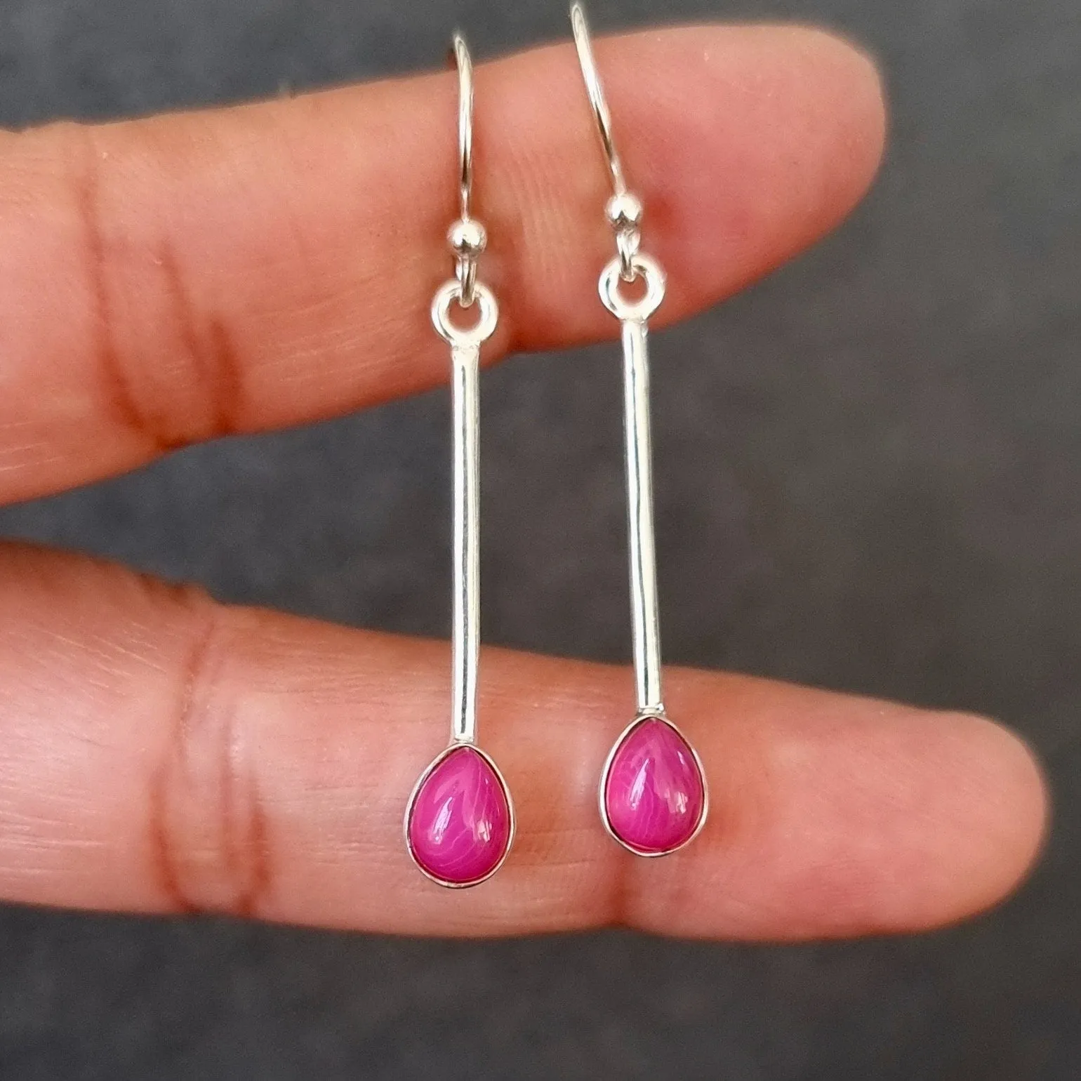 Elegant Long HOT Pink Agate Sterling Silver Earrings, E15PAG