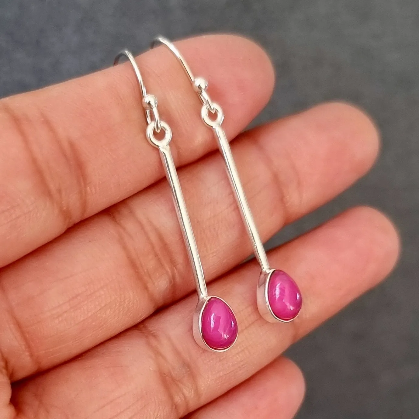 Elegant Long HOT Pink Agate Sterling Silver Earrings, E15PAG