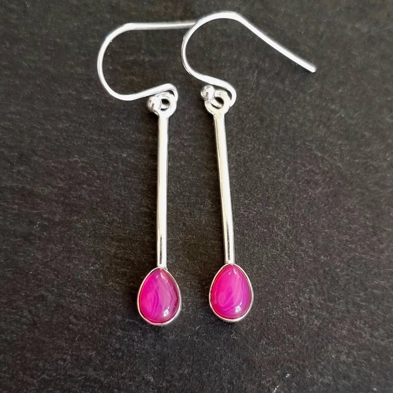 Elegant Long HOT Pink Agate Sterling Silver Earrings, E15PAG