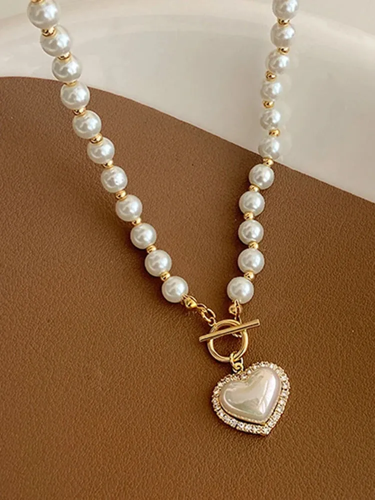 Elegant Pearl Necklace For Women Heart Pendant Necklaces Luxury Imitation Pearls Chain Necklaces Korean Jewelry Girls Gifts