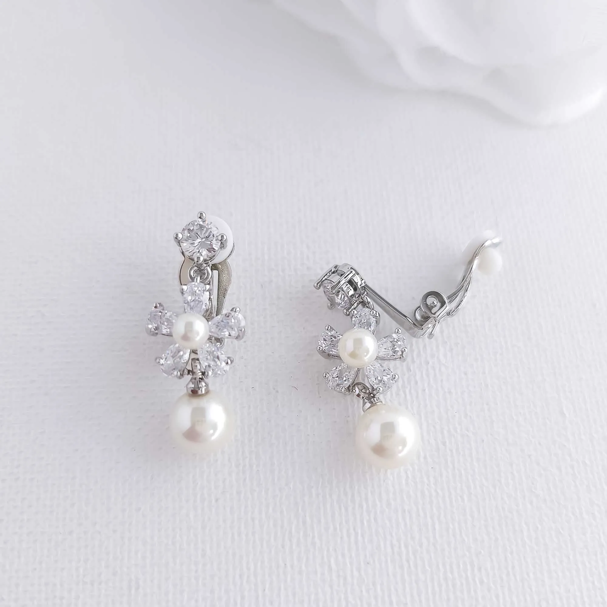 Floral Clip-on Earrings for Wedding with Pearls-Deb