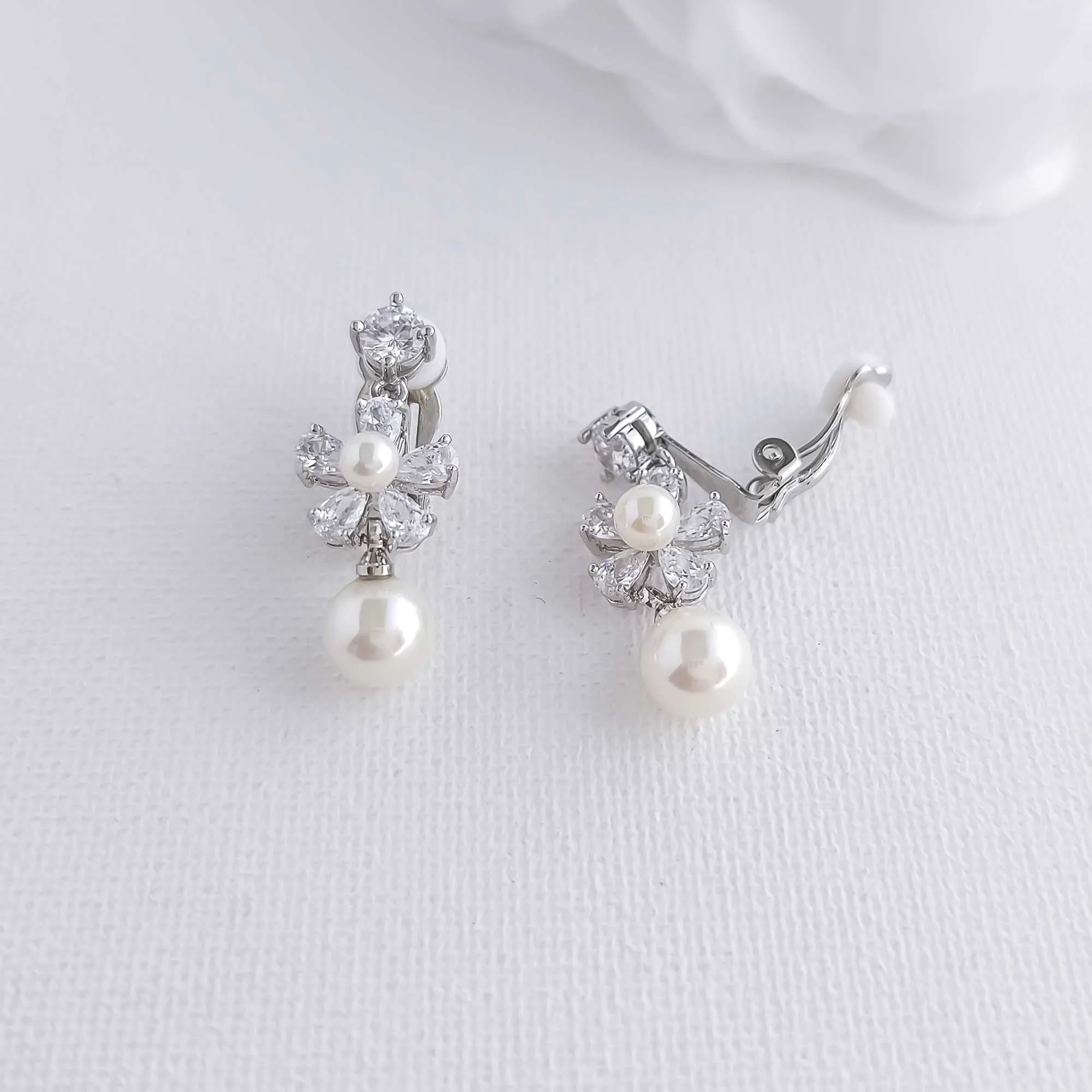 Floral Clip-on Earrings for Wedding with Pearls-Deb