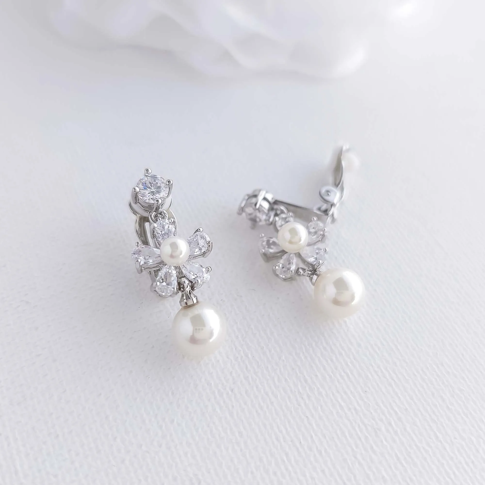 Floral Clip-on Earrings for Wedding with Pearls-Deb