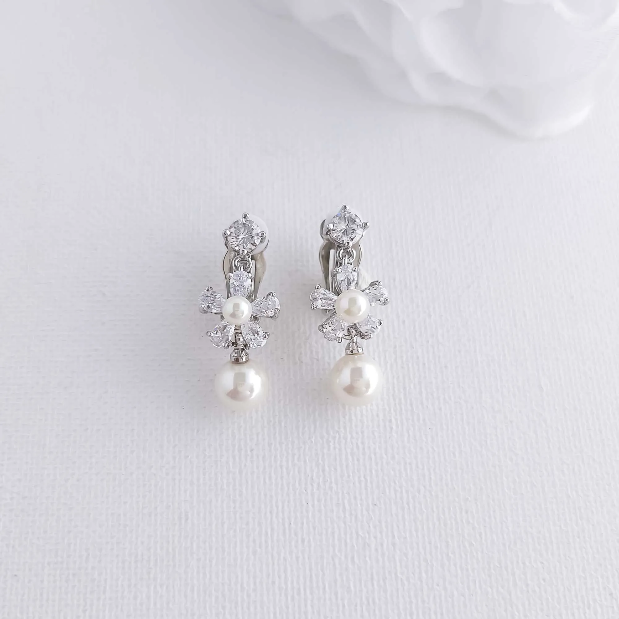 Floral Clip-on Earrings for Wedding with Pearls-Deb