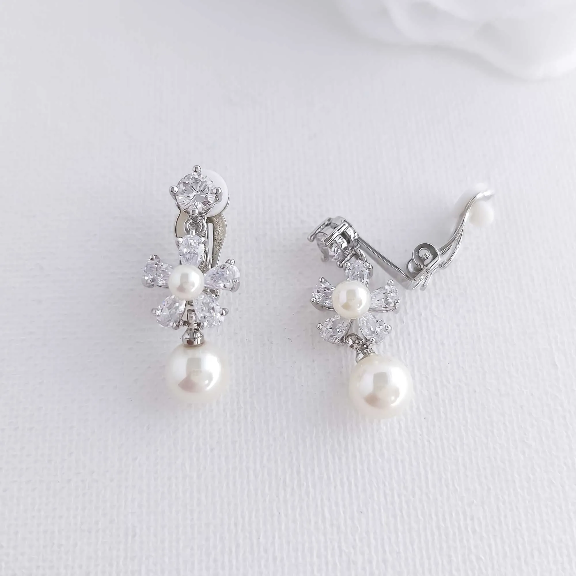 Floral Clip-on Earrings for Wedding with Pearls-Deb