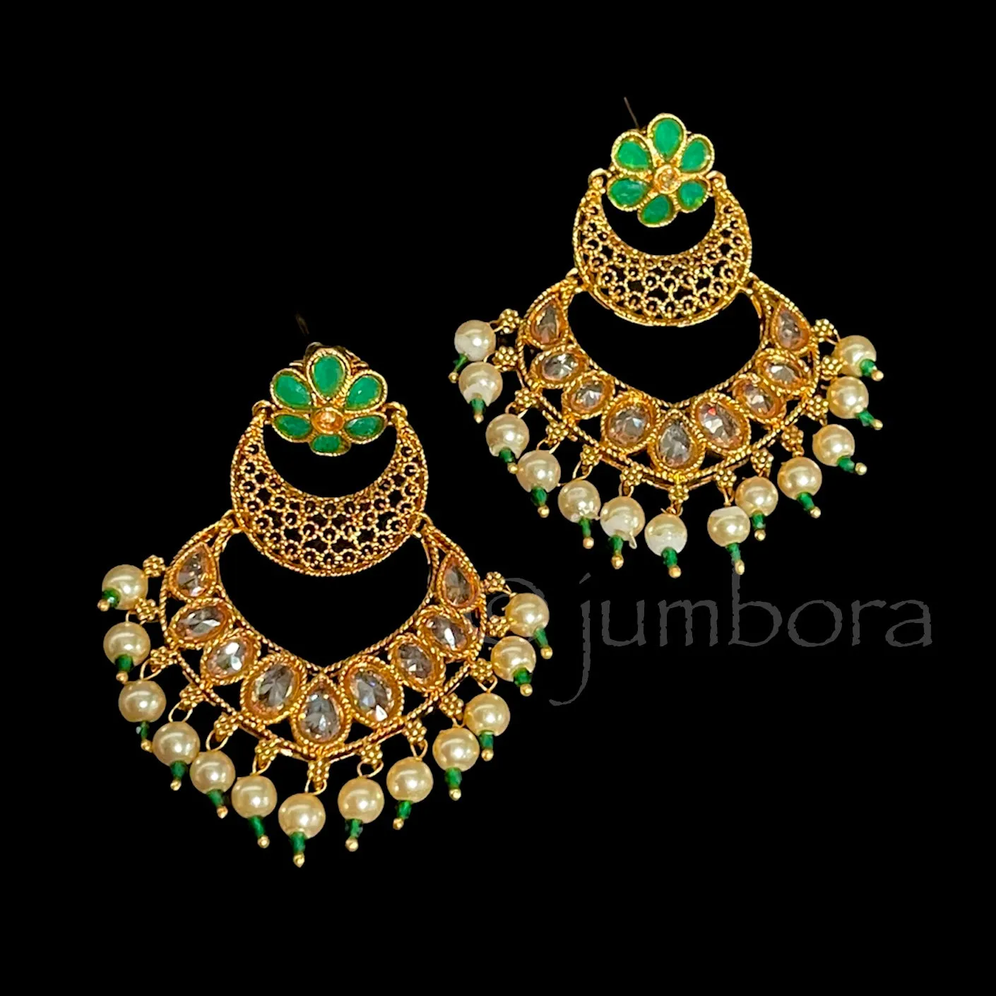 Green Polki LCD Champagne stone Chaandbali Earrings