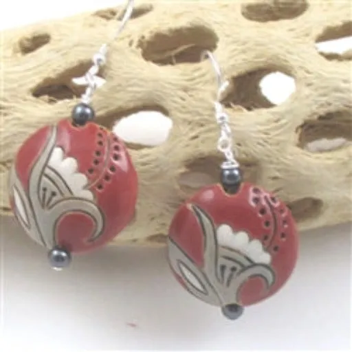 Handmade Red & Tan Flower Earrings  Golem