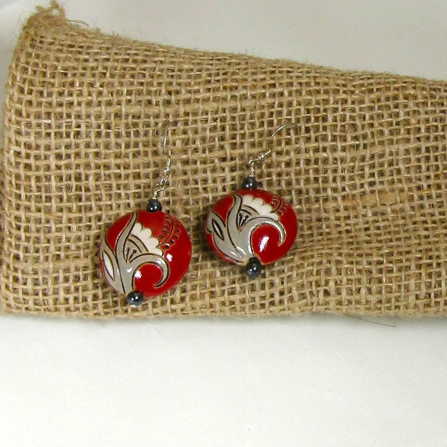 Handmade Red & Tan Flower Earrings  Golem