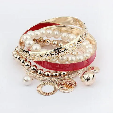 Hollow Imitation Pearl Coins Element Avatar Statement Charm Multilayer Bangle and Bracelet Fashion Jewelry