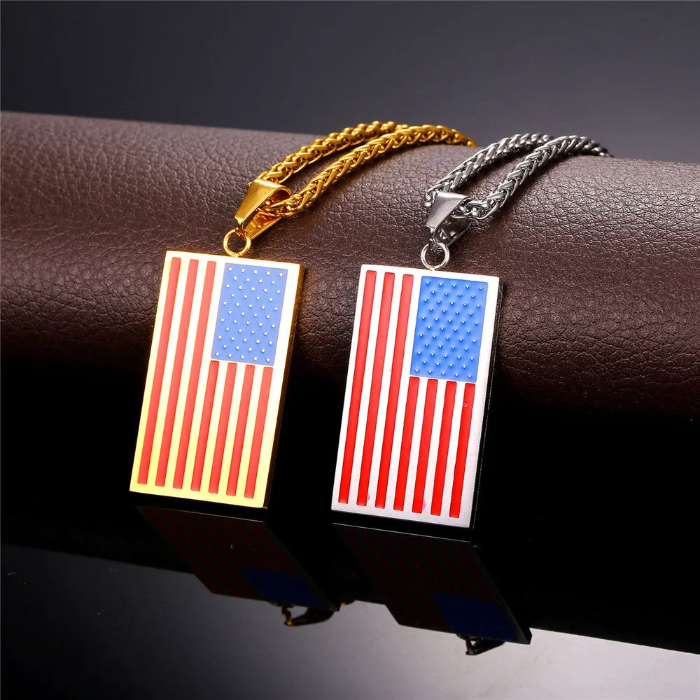 Hot American Flag Pendant Stainless Steel Men Chain Necklace Gold Plated Trendy USA Symbol Necklace Men Jewelry