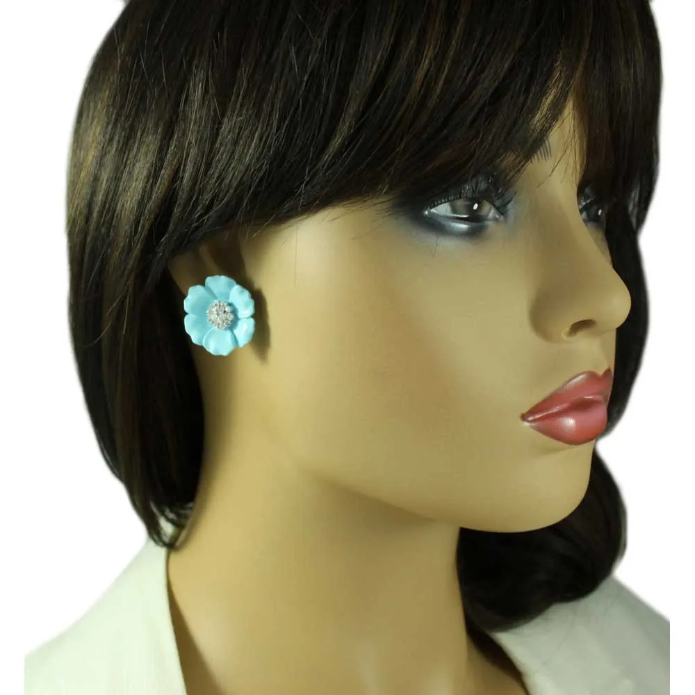 Light Blue Flower with Clear Crystal Center Clip Earring - REE951C