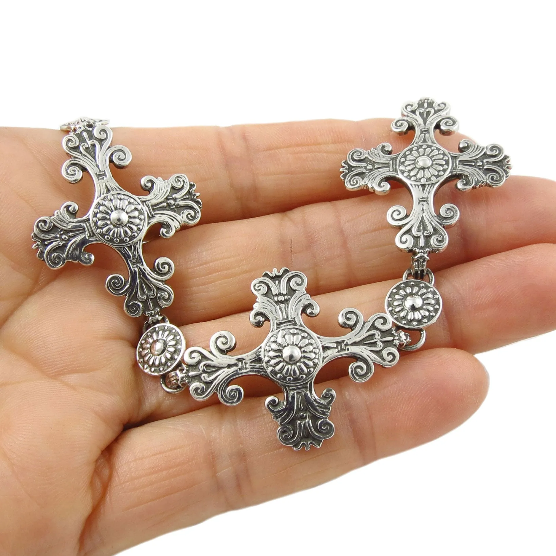 Maria Belen Taxco Designer Baroque Cross 925 Sterling Silver Bracelet