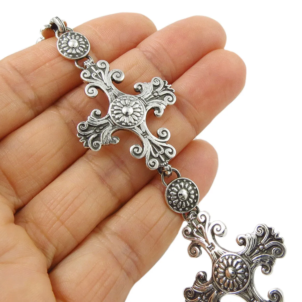 Maria Belen Taxco Designer Baroque Cross 925 Sterling Silver Bracelet