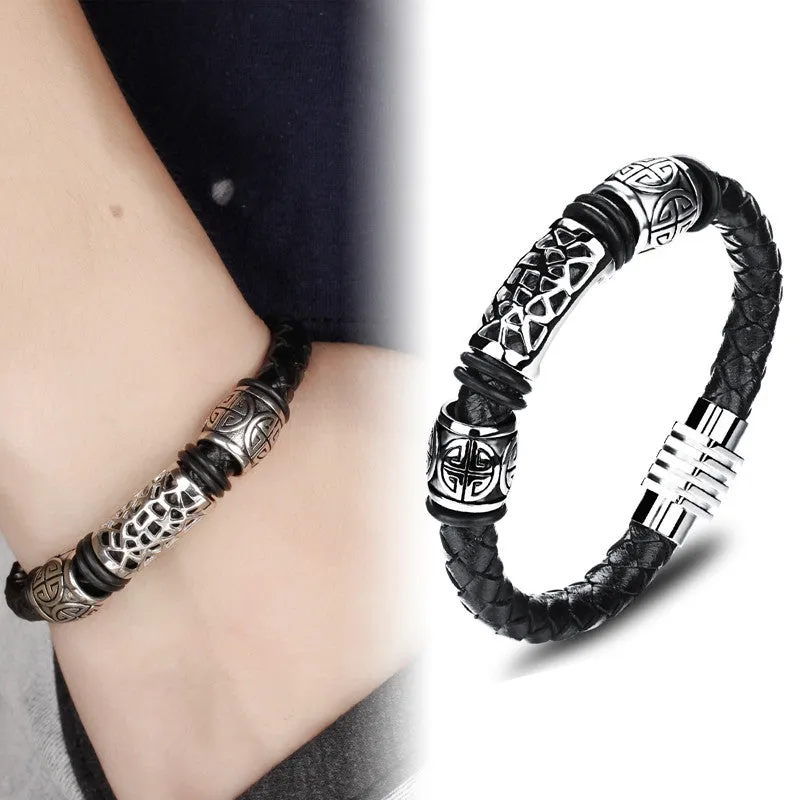 Men's Punk Jewelry Black Leather Rope Bracelets Stainless Steel Magnet Buckle Wristbands Man Vintage Bangles