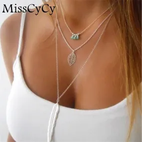 MissCyCy Fashion Simple  Necklaces Leaf Long Pendant Necklaces 3 Layer Chain Necklace multilayer Necklaces