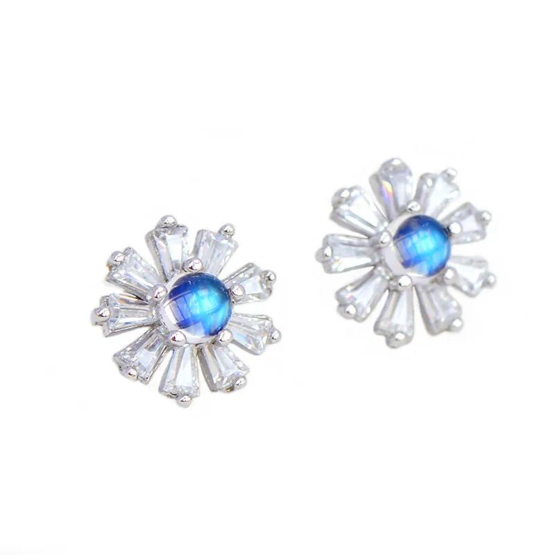 Moonstone Flower shaped Stud Earrings in White Gold Plated Sterling Silver Jewelry Accessories Women