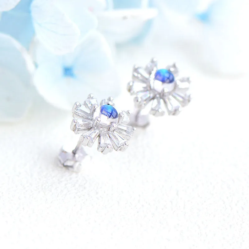 Moonstone Flower shaped Stud Earrings in White Gold Plated Sterling Silver Jewelry Accessories Women