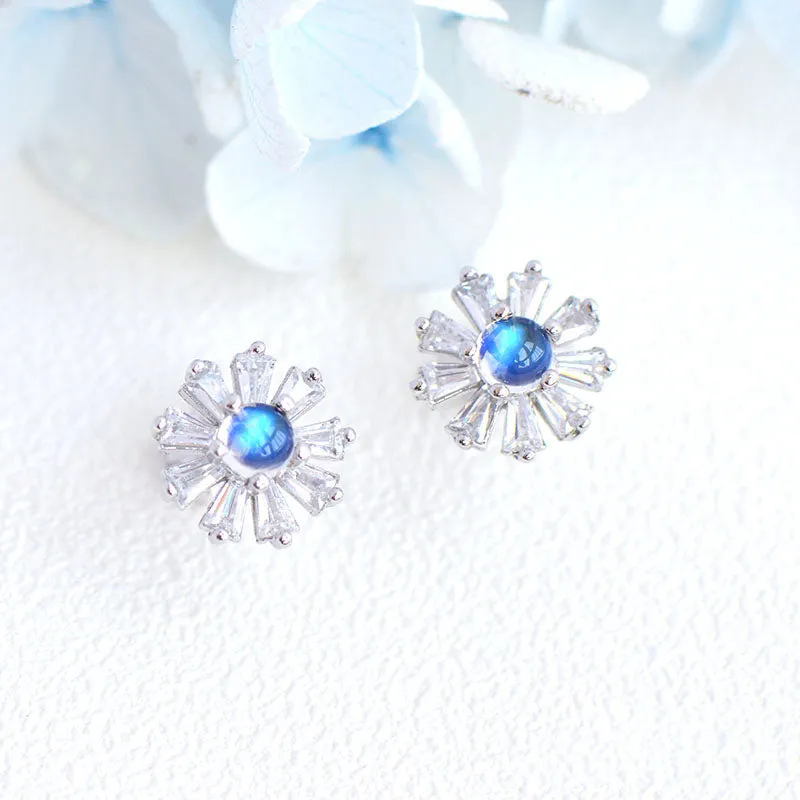 Moonstone Flower shaped Stud Earrings in White Gold Plated Sterling Silver Jewelry Accessories Women