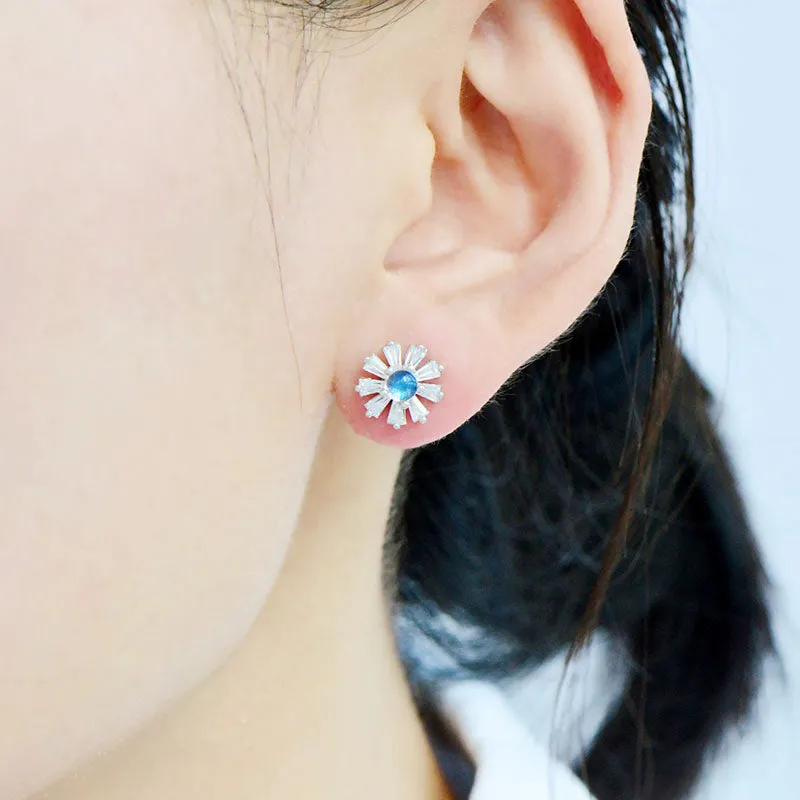 Moonstone Flower shaped Stud Earrings in White Gold Plated Sterling Silver Jewelry Accessories Women