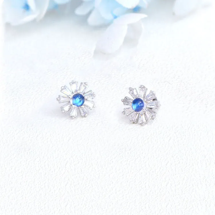 Moonstone Flower shaped Stud Earrings in White Gold Plated Sterling Silver Jewelry Accessories Women