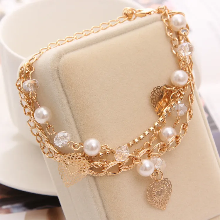 Multilayer 18K Gold Plated Fashion Bracelets For Women Austrian Crystal Pierced Heart Charm Bracelets Bangles Luxury Jewlery