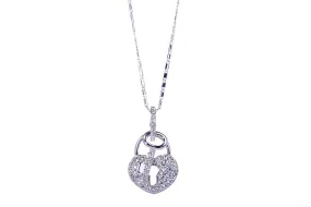 N7206 Delicate Heart Lock & Key Rhodium Plated Pave Swarovski Crystal Pendant Necklace