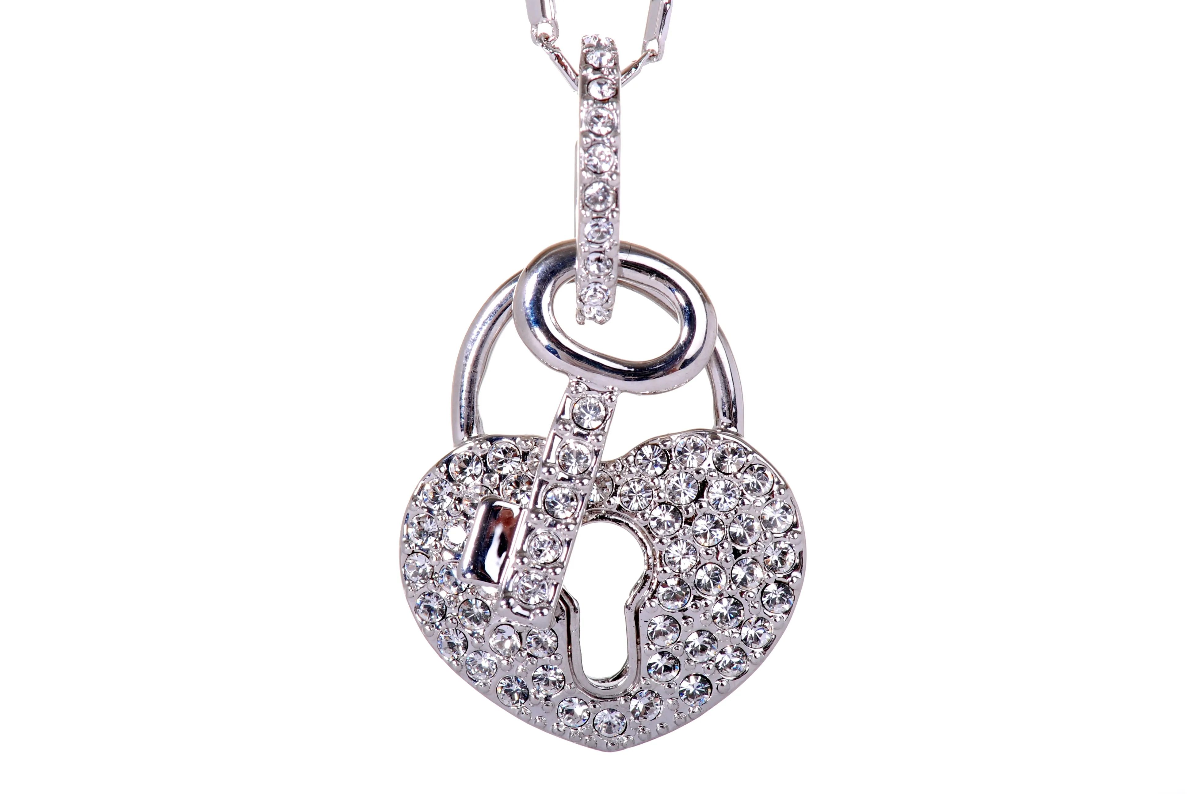 N7206 Delicate Heart Lock & Key Rhodium Plated Pave Swarovski Crystal Pendant Necklace