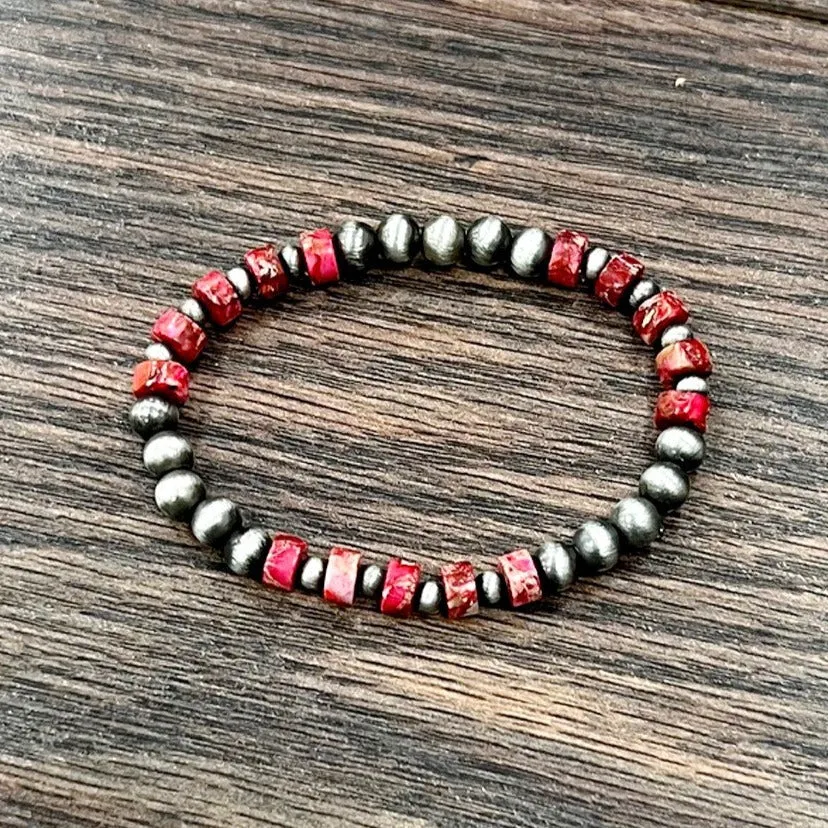 Navajo Inspired Pearl & Rondelle Gemstone Stretch Bracelet (3 Gemstone Variants Available)