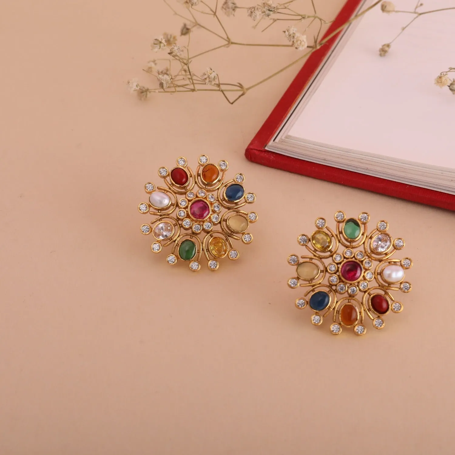 Navaratna Floral Stud Earrings