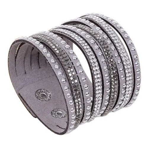 New Arrival Women's Vintage Multilayer Wrap Rivet Rhinestone Suede Cuff Bangle Wristband Bracelet