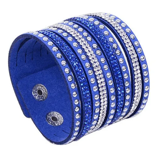 New Arrival Women's Vintage Multilayer Wrap Rivet Rhinestone Suede Cuff Bangle Wristband Bracelet