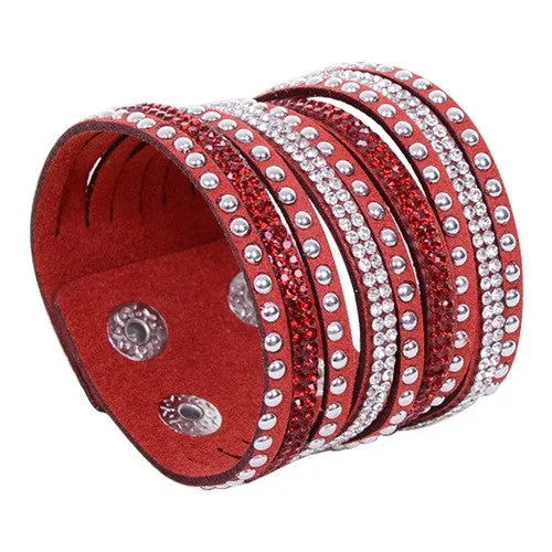 New Arrival Women's Vintage Multilayer Wrap Rivet Rhinestone Suede Cuff Bangle Wristband Bracelet