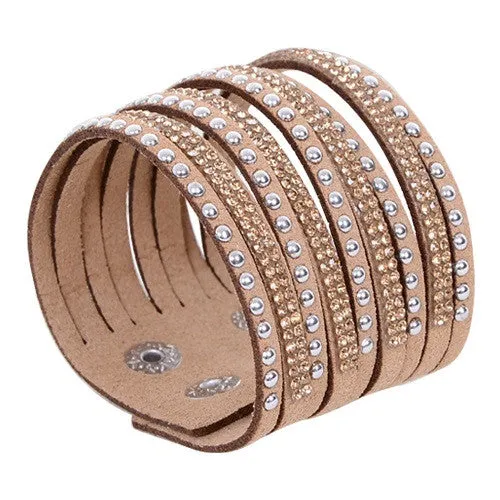 New Arrival Women's Vintage Multilayer Wrap Rivet Rhinestone Suede Cuff Bangle Wristband Bracelet