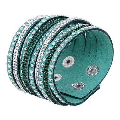 New Arrival Women's Vintage Multilayer Wrap Rivet Rhinestone Suede Cuff Bangle Wristband Bracelet