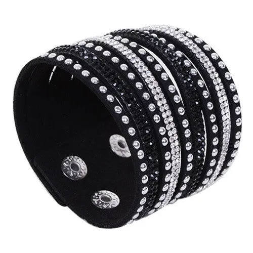 New Arrival Women's Vintage Multilayer Wrap Rivet Rhinestone Suede Cuff Bangle Wristband Bracelet