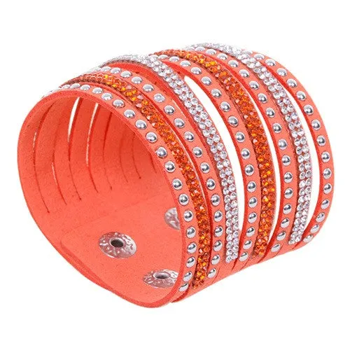 New Arrival Women's Vintage Multilayer Wrap Rivet Rhinestone Suede Cuff Bangle Wristband Bracelet