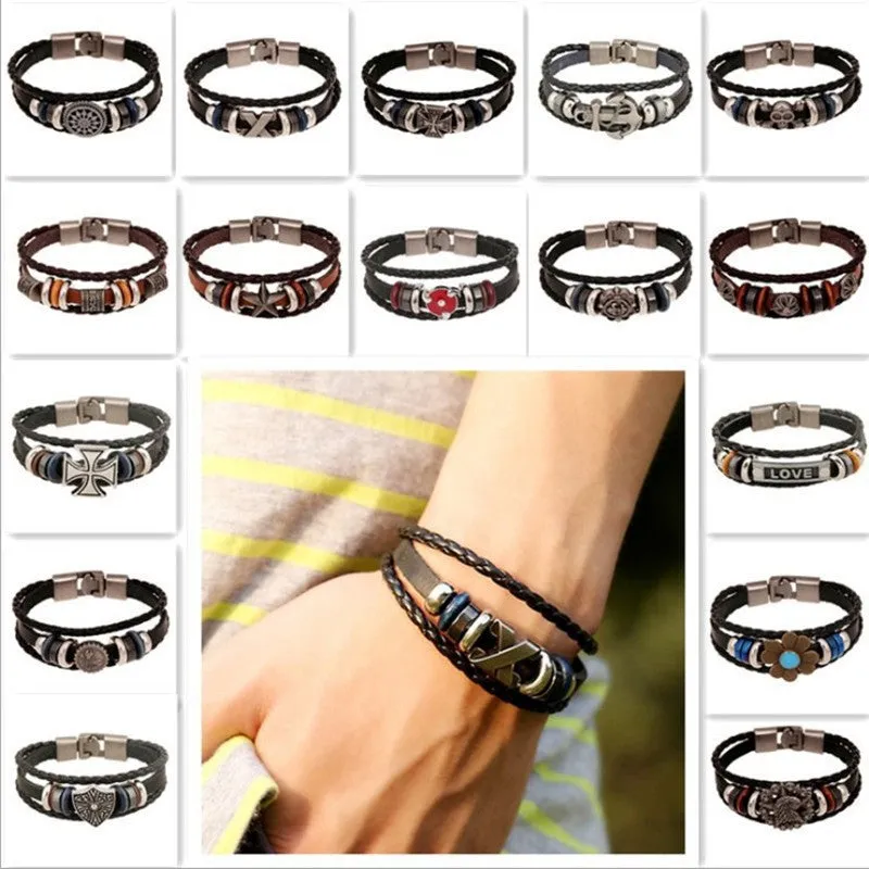 New Fashion Genuine Leather Charm Bracelets For Women Men Vintage Beaded Braided Bracelets Bangles