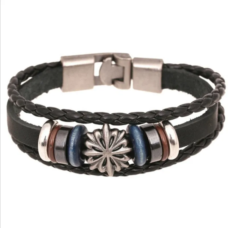 New Fashion Genuine Leather Charm Bracelets For Women Men Vintage Beaded Braided Bracelets Bangles