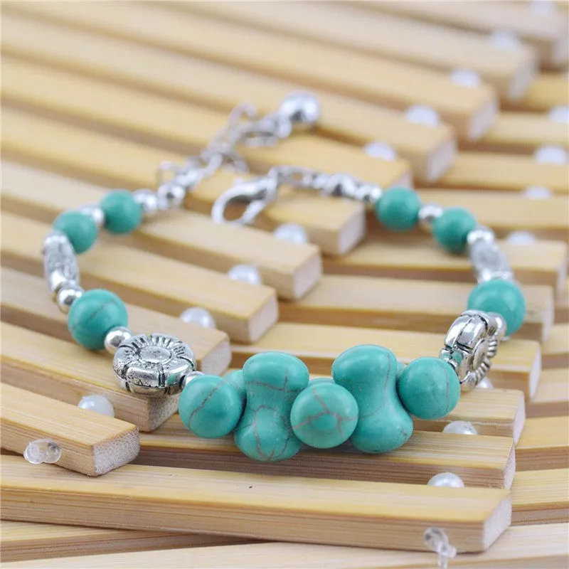 New Tibetan Silver Color Turquoise Bracelets & Bangles Inlay Roundness Bead Nation Bohemian Bracelets For Women Fine Jewelry