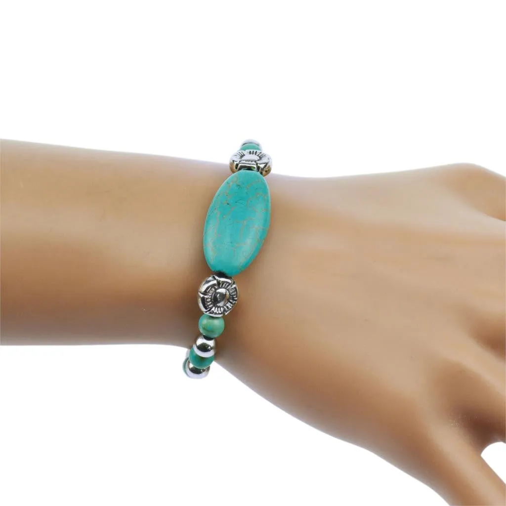 New Tibetan Silver Color Turquoise Bracelets & Bangles Inlay Roundness Bead Nation Bohemian Bracelets For Women Fine Jewelry