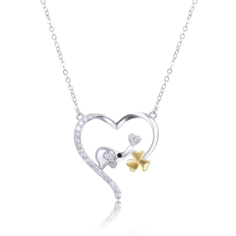 Original Design Real 925 Sterling Silver CZ Lovely Elephant Clover in Heart Pendant Necklaces for Women Fine Jewelry