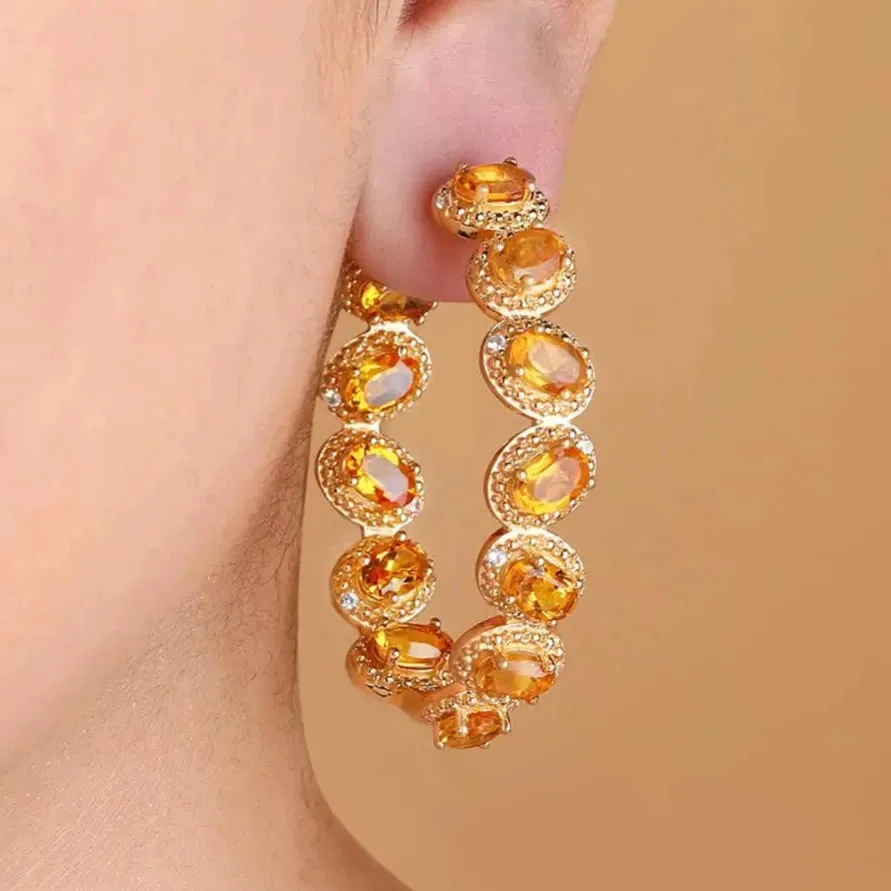 Oval-cut Natural Citrine Gemstone Vintage Hoop Earrings