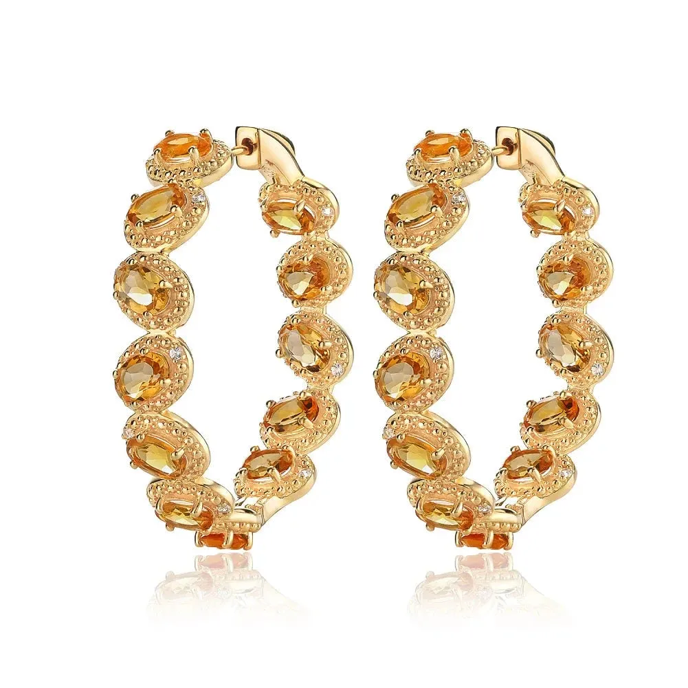 Oval-cut Natural Citrine Gemstone Vintage Hoop Earrings