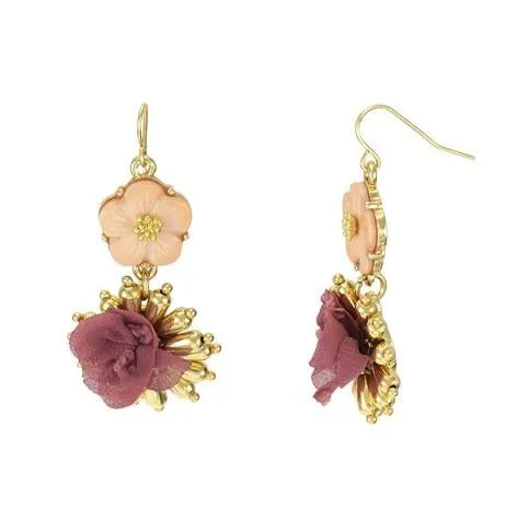 Pink Double Flower Drop Earrings