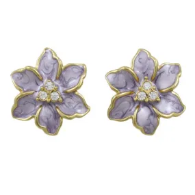 Purple Enamel with Crystals Flower Pierced Earring - REE909