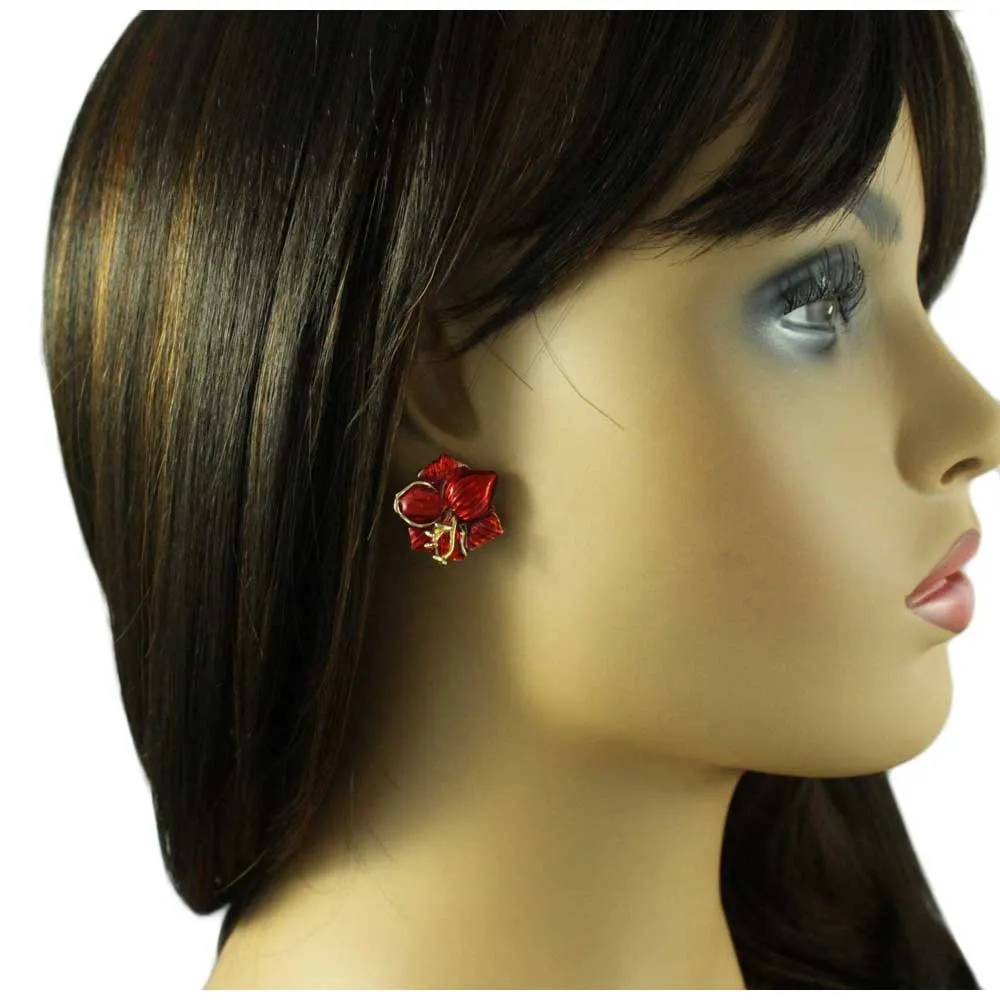 Red Enamel Christmas Amaryllis Clip Earring - EQ304C