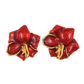 Red Enamel Christmas Amaryllis Clip Earring - EQ304C