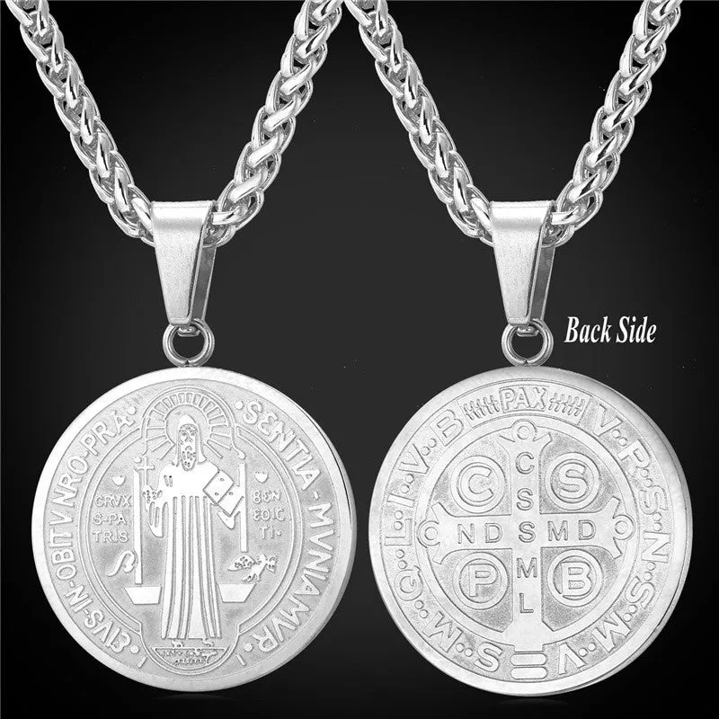 Saint Benedict Medal Pendant Necklace Charms Jewelry Gift Round Oval Stainless Steel/Gold Plated Chain Men/Women