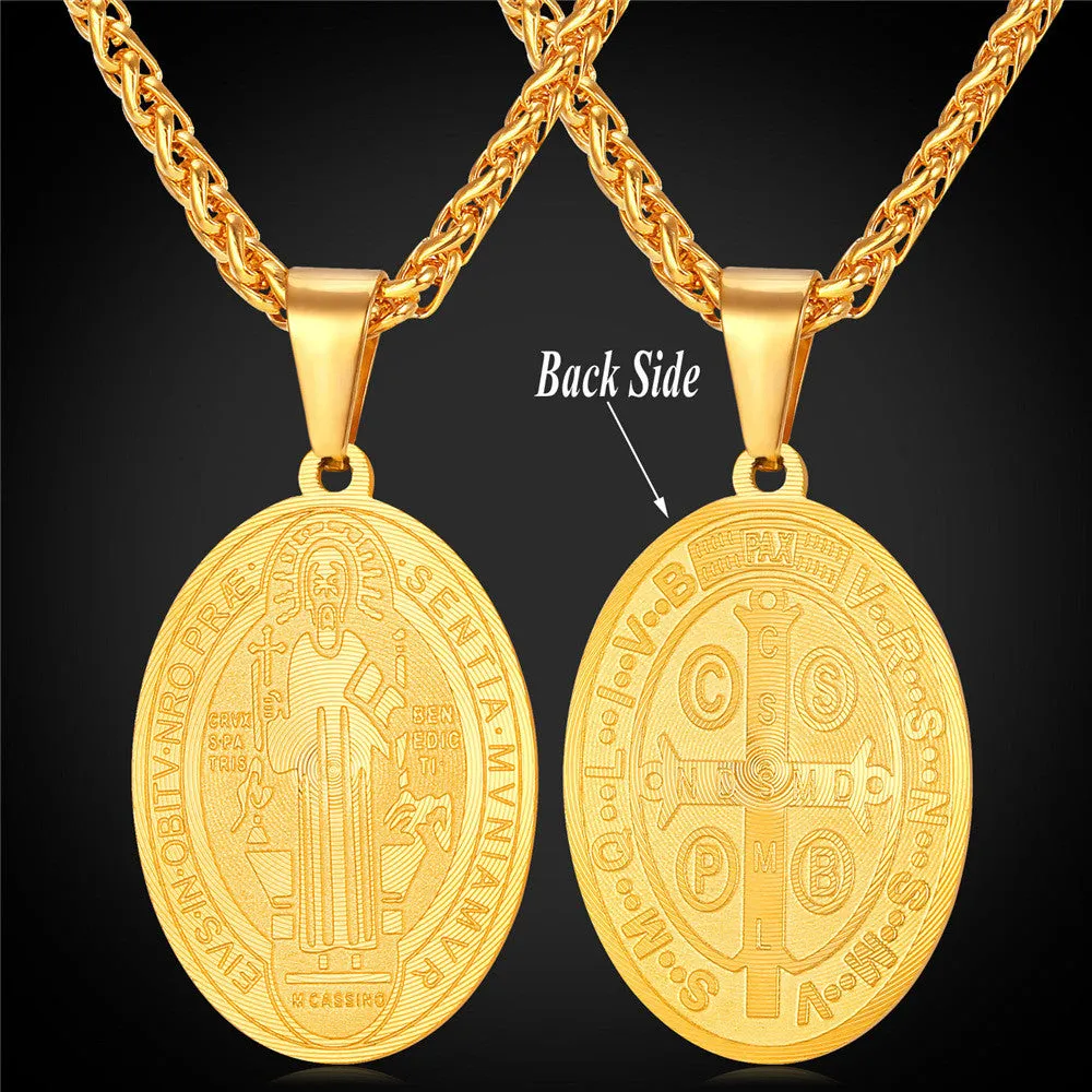 Saint Benedict Medal Pendant Necklace Charms Jewelry Gift Round Oval Stainless Steel/Gold Plated Chain Men/Women