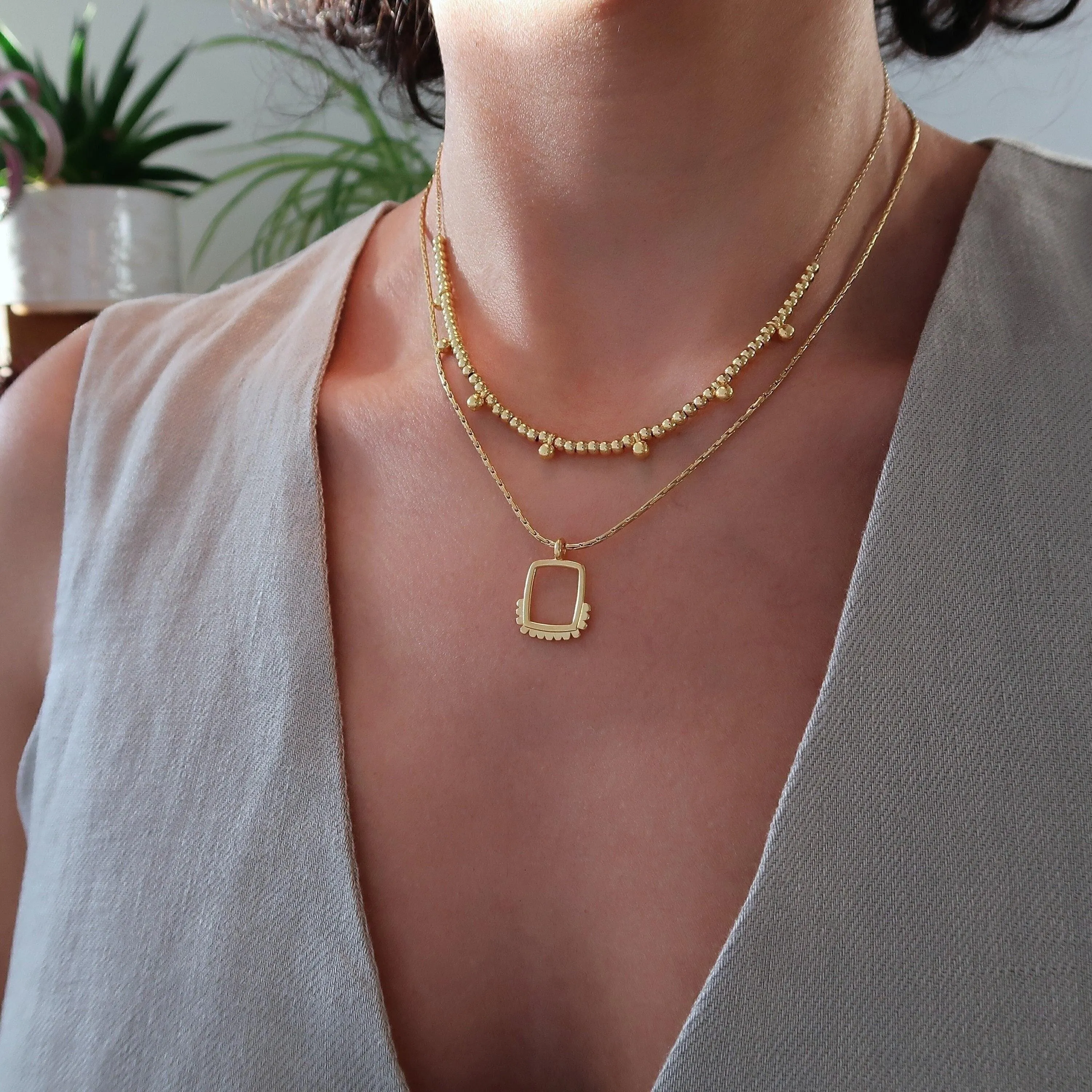 Set of 2 Gold Geometric Necklaces with Square Pendants